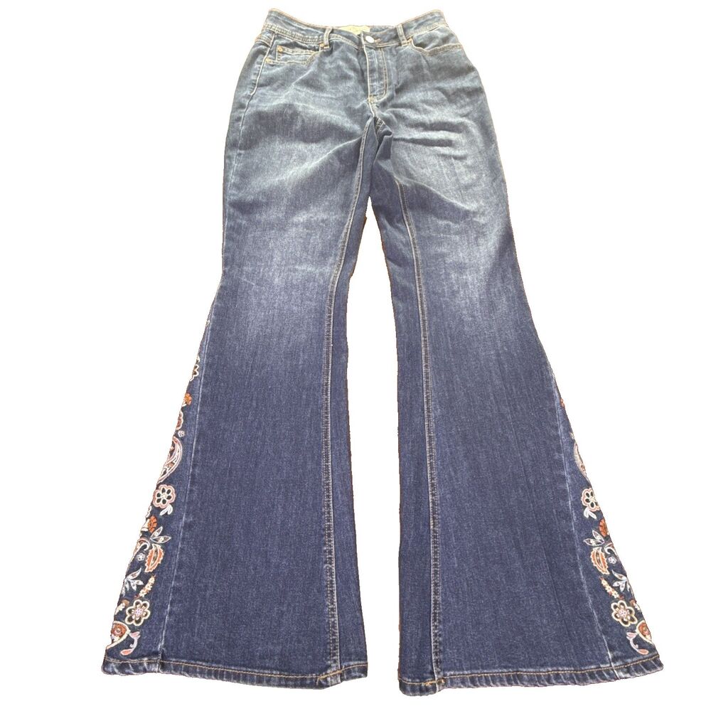 EST 1946 Denim Embroidered Floral Womens Size 8 Jeans Flare Bell Bottoms Blue